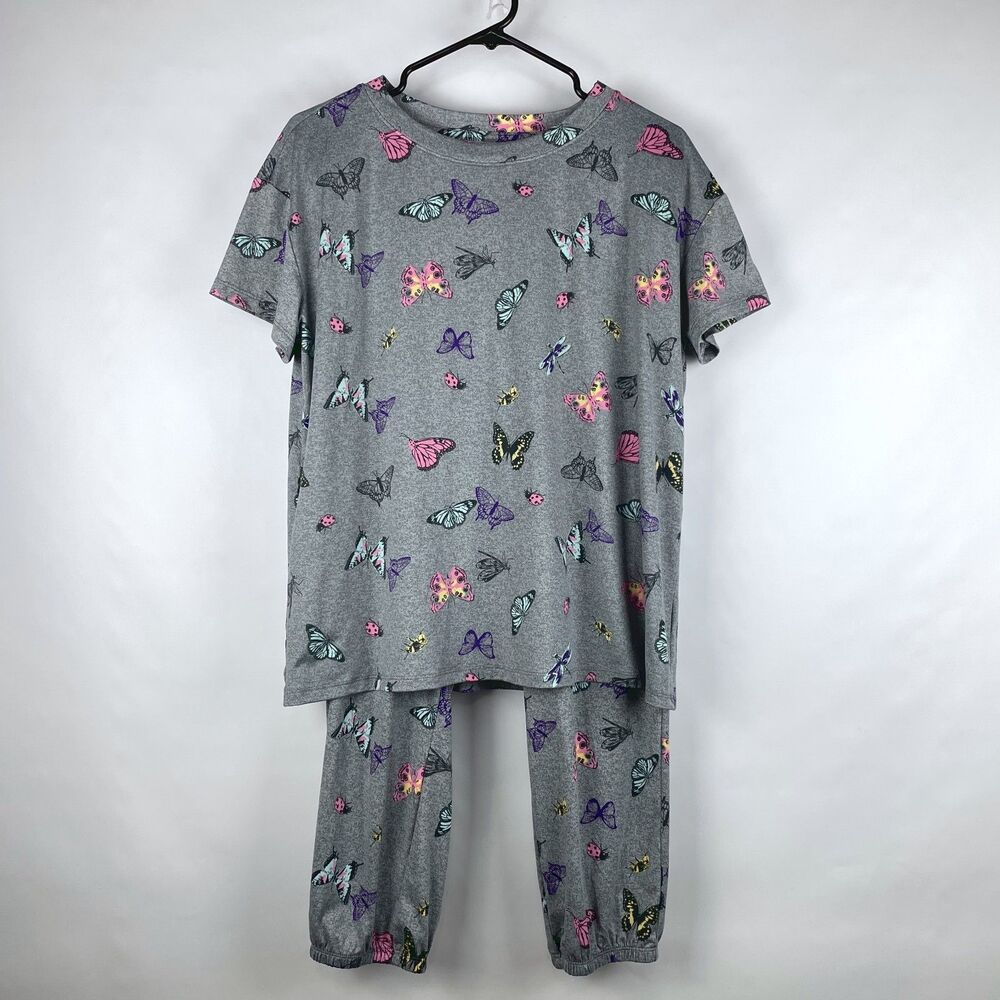 Joyspun 2 Pc Pajama Set Women's M 8-10 Gray Butterfly Ladybug Dragonfly Soft